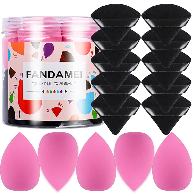 FANDAMEI 15 PCS Makeup Sponge Set, 5 PCS Makeup Sponges, Latex Free Soft Makeup Sponges For Foundation With Container, 10 PCS Triangle Powder Puff, Makeup Puff, For Powder, Cream and Liquid Cosmetic