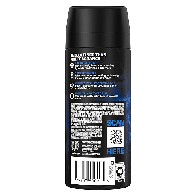 AXE Fine Fragrance Collection Premium Deodorant Body Spray for Men Blue Lavender with 72H Odor Protection and Freshness Infused with Lavender, Mint, and Amber Essential Oils 4 oz