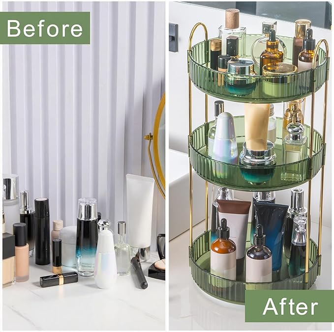 360° Rotating Makeup Organizer, Bathroom Make Up Spinning Holder Rack, Large Capacity Cosmetics Storage Vanity Shelf Countertop, Fits Cosmetics, Perfume, Skincare(3 Tiers, Green)