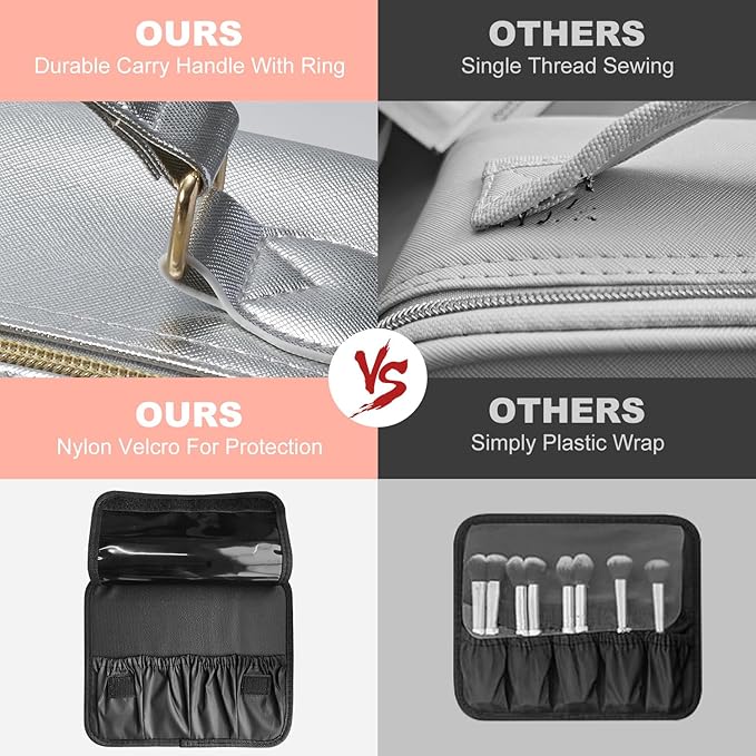 Mocado Travel Makeup Bag with LED Lighted Mirror,Travel Makeup Organizer,Makeup Case with 3 Color Lighted Setting and 10x Magnifying Mirror,Portable Storage and Adjustable Dividers Makeup Box(Silver)