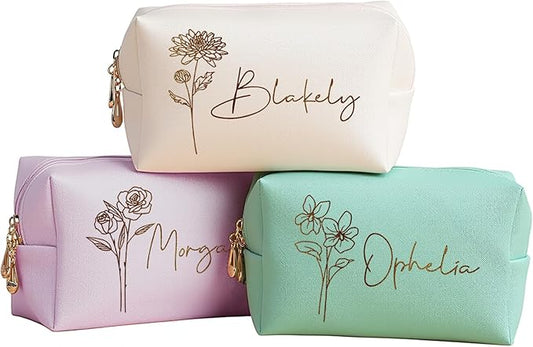 DayOfShe Personalized Makeup Bag with Name and Birth Flower Bridesmaid Gifts Stocking Stuffers for Women Teenage Girls Gifts, Custom Travel Makeup bag for Bridal Shower Gifts