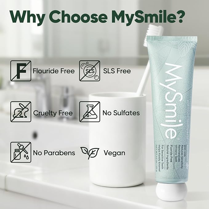 MySmile Fluoride Free Toothpaste, Nano Hydroxyapatite for Sensitive Teeth, Strengthens Enamel, Supports Remineralization & Bright Teeth, Freshens Breath for Adults, SLS Free, Natural Misty Mint, 4.2oz
