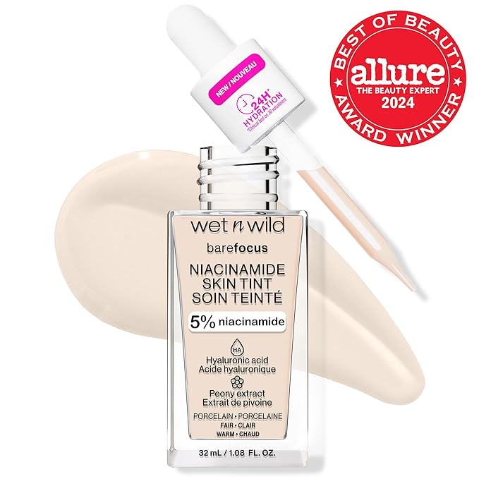 wet n wild Bare Focus Skin Tint, 5% Niacinamide Enriched, Buildable Sheer Lightweight Coverage, Natural Radiant Finish, Hyaluronic & Vitamin Hydration Boost, Cruelty-Free & Vegan - Porcelain