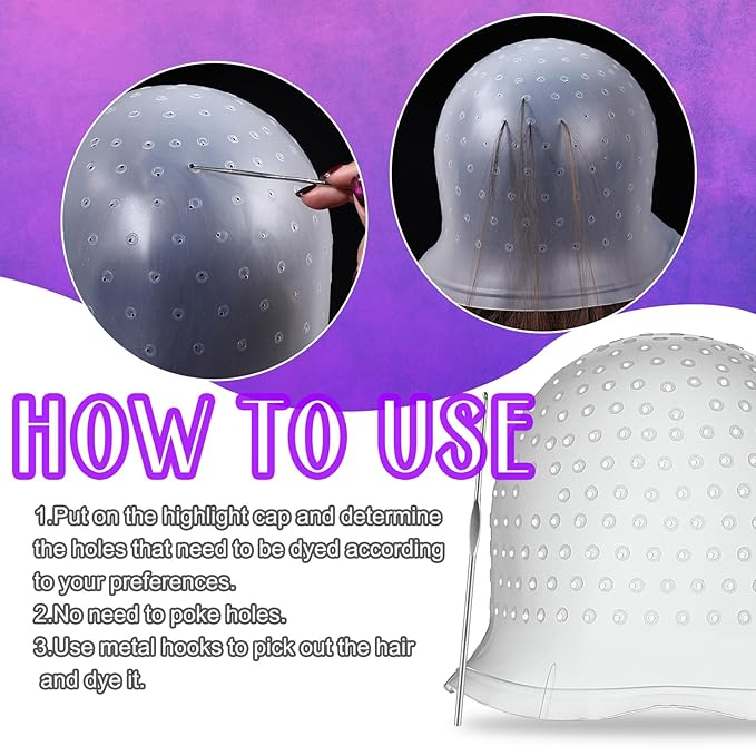 2 Pcs Hair Coloring Highlighting Cap Reusable Silicone Highlight Cap Pull Through Caps for Hair Coloring Frosting Cap with Hook Hair Dye Cap with Holes Hair Salon Tools Hairdressing Highlighting Kit