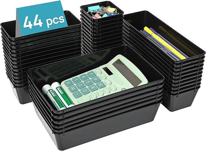 Vtopmart 44 PCS Plastic Drawer Organizers Set, 4-Size Versatile Bathroom and Vanity Organizer Trays, Non-Slip Storage Containers for Makeup, Jewelries, Bedroom，Kitchen Utensils and Office, Black