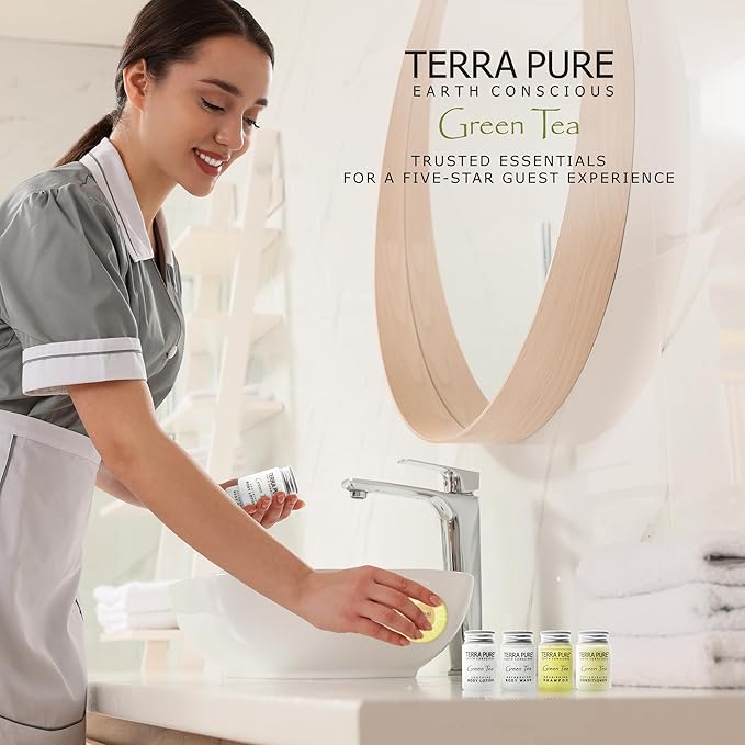 Terra Pure Hotel Soaps & Toiletries Bulk Set | 1-Shoppe Amenities Kit | 1oz Shampoo & Conditioner, Body Wash, Lotion, 1.25oz Bar Soap | Travel Size | 300 Pieces