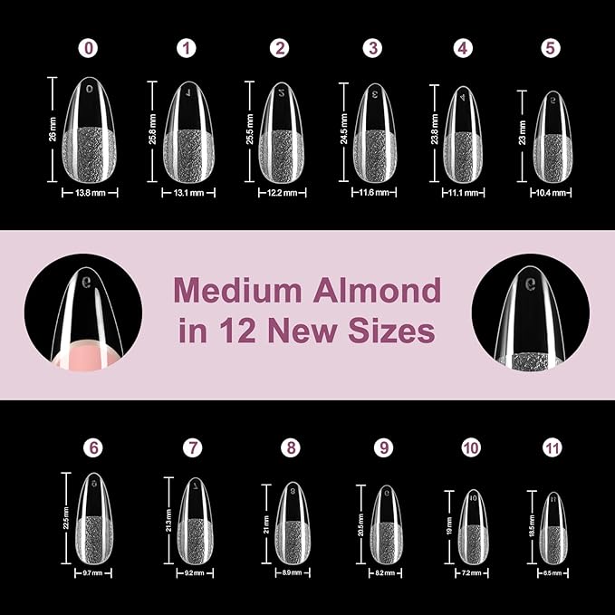 Misssix Medium Almond Gel Nail Tips Kit, 216Pcs Pre Etched Clear Fake Nails, Full Cover False Nail 9-in-1 Gel Glue and Portable Mini U V Nail Lamp for Women 12 Sizes