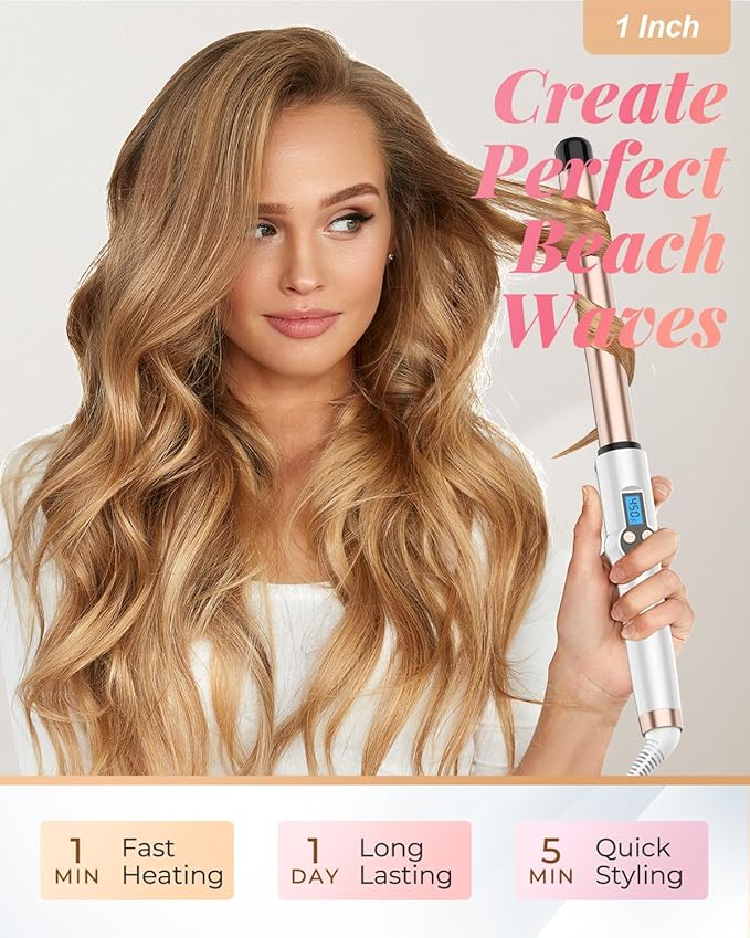 1 Inch Extra Long Barrel Curling Wand, Ceramic Tourmaline Curling Wand Professional Dual Voltage with Adjustable Temperature