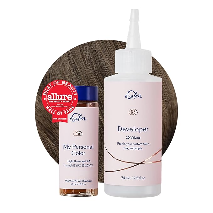 eSalon Permanent Hair Color & Hair Dye Complete Kit - Personal Colorist Kit for Up To 100% Gray Coverage for All Hair Types - Professional-Grade Ammonia-Free Hair Dye (Light Brown Ash 6A)