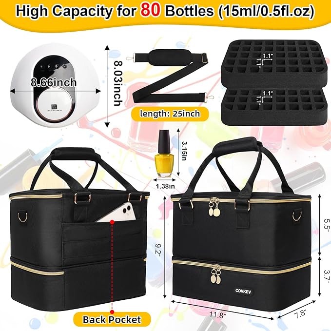 Nail Polish Organizer Hold 80 Bottles (15ml/0.5 fl.oz)& Nail Lamp, Double Layer Nail Bag Organizer Case with Handle, Large Nail Supplies& Kit Storage Case for Women Travel (Black& Golden)