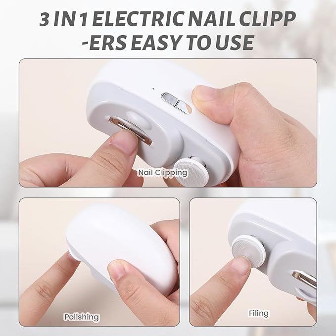 3 in 1 Electric Nail Clipper for Seniors, Baby Nail Trimmer Electric Automatic Trimmer, Safe Electric Toenail Clippers Nail File Tools for Adult, Manicure Kit Grinder with Polishing(White)