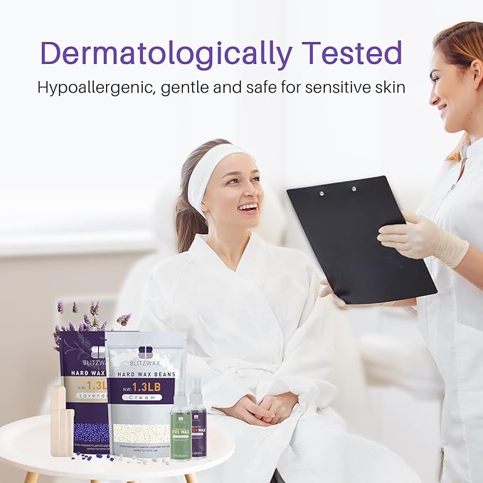 BLITZWAX 2.6lbs Hard Wax Beads for Hair Removal, Lavender and Cream Hot Waxing Beans for Sensitive Skin, Face, Brazilian and Bikini, with 30 Waxing Sticks and 2 Wax Oils for Women and Men, 2 Packs