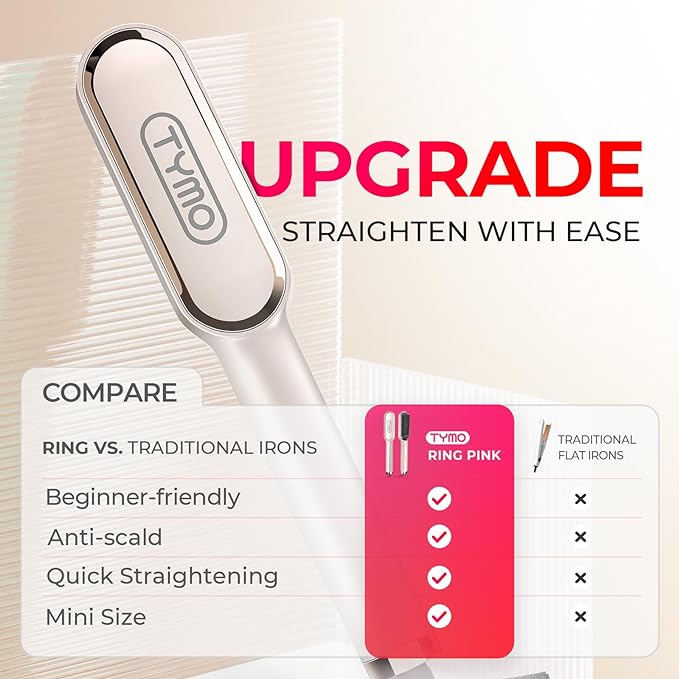 Hair Straightener Brush, TYMO Ring Hair Straightener Comb Straightening Brush for Women with 5 Temps 20s Fast Heating & Dual Voltage, Gold