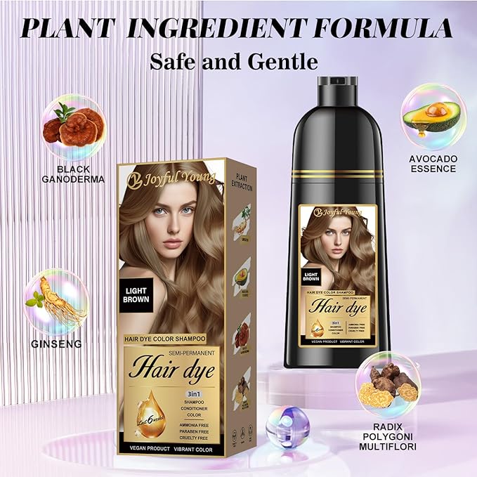 Natural Color Hair Dye Shampoo 3 IN 1, Instant Hair Coloring, Gray Coverage for Men & Women, Beard Dye Vegan Ammonia Free & Paraben-Free, Champú Para Canas Mujer & Hombre (LIGHT BROWN)