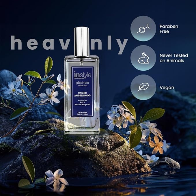 Instyle Fragrances, Platinum Collection, Cassis Amberwood, Inspired by MFK’s Baccarat Rouge 540, Women’s Eau de Parfum, CLEAN, Vegan, Paraben-Free, Never Tested on Animals, 3.4 Fluid Ounces