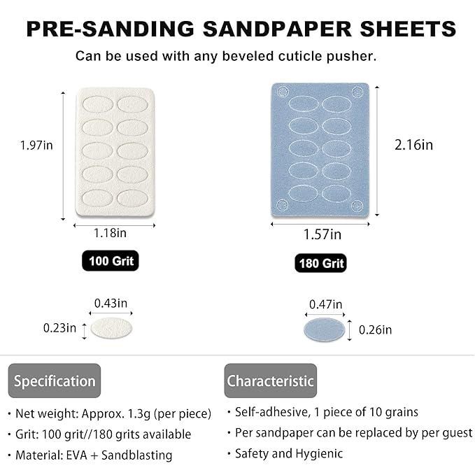 Pre-treatment Cuticle Pusher, Russian Prep Nail Pushers, Dual Ended Cuticle Remover with 100/180 Grit Sandpaper Sheets, Nail Care for Manicure Pedicure Nail Art