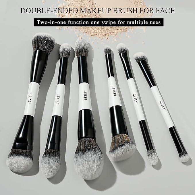 BEILI Makeup Brushes 12 Pieces 18 In 12 Double-Sided Contour Foundation Highlight Blush Brush Eyeshadow Eyeliner Concealer Brush Black and White Suitable for Travel, Gifts, Makeup Lovers