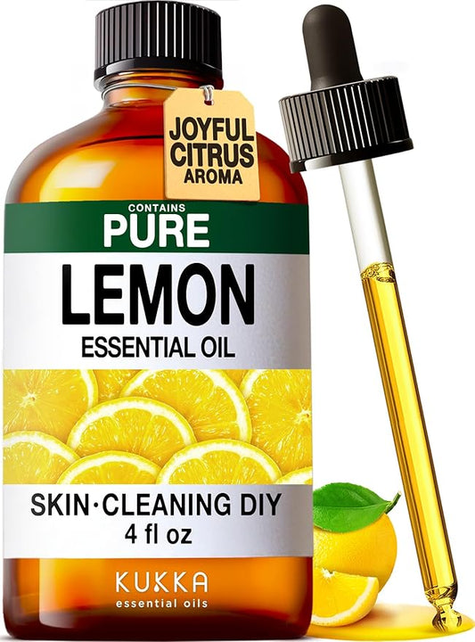 KUKKA Lemon Essential Oils - 4 Fl Oz - for Hair, Skin, Diffuser, Aromatherapy & DIY Soap Making Scent