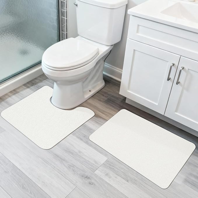 Bathroom Rugs Set 2 Pieces,Thin Bathroom Mats,Toilet Rugs,Quick Dry,Non-Slip,Machine Washable,Low Pile,Absorbent Bath Mats,Shower,Sink,Home Decor Accessories.White,1'5"x2'3"+1'8"x2" U Shape