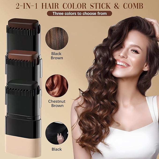 2-in-1 Hair Color Stick & Comb, Waterproof and Sweat-Proof Hair Dye Comb, Instant Convenient Root Touch Up for Gray Hair, Touch up Comb for Women & Men (Chestnut Brown)