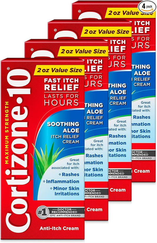 Cortizone-10 Maximum Strength Soothing Aloe Itch Relief Cream, 1% Hydrocortisone, Fast-Acting, Anti-Itch Cream for Bug Bites, Rash, Eczema, Psoriasis, Poison Ivy, Oak, Sumac, 2 oz (Pack of 4)