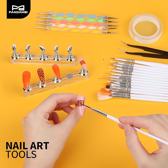 FANDAMEI Nail Art Tools, Nail Brush, 15 PCS Nail Art Brushes, 5 PCS Nail Dotting Tool, Nail Stand, Nail Holder For Painting Nails, Nail Tools, Nail Design Tools, White