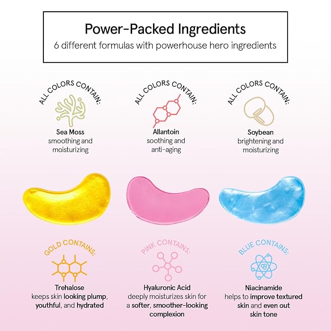 grace & stella Under Eye Mask Variety Pack - 18 Pairs of Under Eye Patches for Dark Circles - With 6 Colors (3 Pairs/Color) - Gel Masks Puffy Eyes for Women, Vegan Cruelty Free Christmas Gifts for Mom