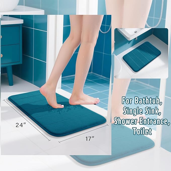 Yimobra Memory Foam Bath Mat, Super Soft Absorbent Bathroom Rug Non Slip, Quick Dry, Machine Washable Floor Carpet for Tub Shower, Home Decor Accessories, 24x17, Peacock Blue