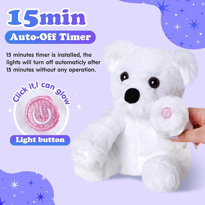 BSTAOFY Glow Polar Bear Light up Stuffed Animal LED Night Light Bear Soft Plush Toy Adorable Birthday Mother's Children's Day Valentines for Toddler Kids, White, 9.5''