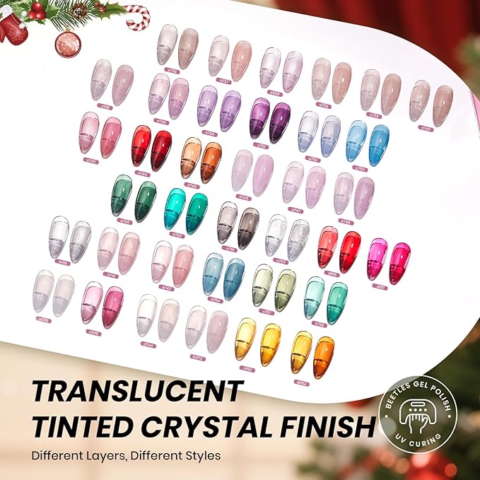 Beetles Frostglaze Veil Jelly Gel Nail Polish Set, 53PCS 36 Colors Christmas Gel Nail Kit Nude Pink Milky White Red Black Blue Green Silver Cat Eye Base Glitter Glossy Matte Top Coat Gift for Women