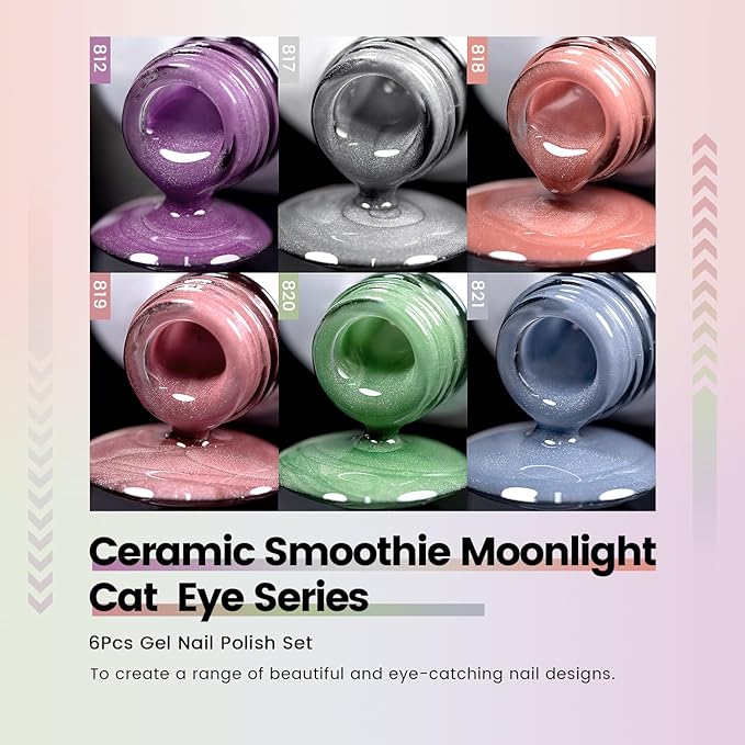 RARJSM Moonlight Cat Eye Gel Nail Polish Set 6 Pcs Smoothie Ceramic Glitter Shimmer Grape Purple Silver White Blue Green Pink Velvet Mirror Cateye Gel Polish with Magnetic Stick UV LED Curing Require