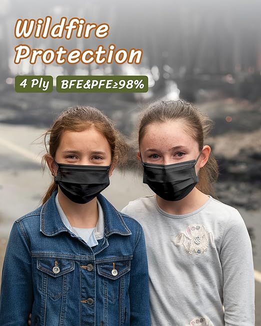 FriCARE Face Masks Disposable for Kids, 4 Ply ASTM Level 3, FSA HSA Eligible, Allergy Protection, Individually Wrapped, 50 Pack, Classic Solid Black