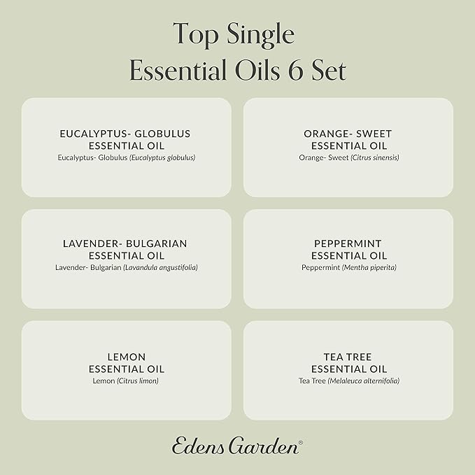 Edens Garden Top Essential Oils 6 Set – 100% Pure Therapeutic Grade, Undiluted: Lavender, Peppermint, Eucalyptus, Tea Tree, Lemongrass, Sweet Orange – Aromatherapy Oil for Diffusers, 10 ml/ 6 Pack