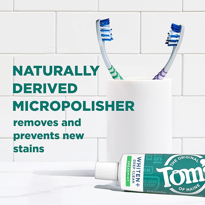 Tom's of Maine Whiten Plus Deep Clean Whitening Toothpaste, Natural Whitening Toothpaste with Plant-Based Cleansers, Enamel Safe, Whitens Without Causing Sensitivity, Spearmint, 4.0 Oz (Pack of 3)