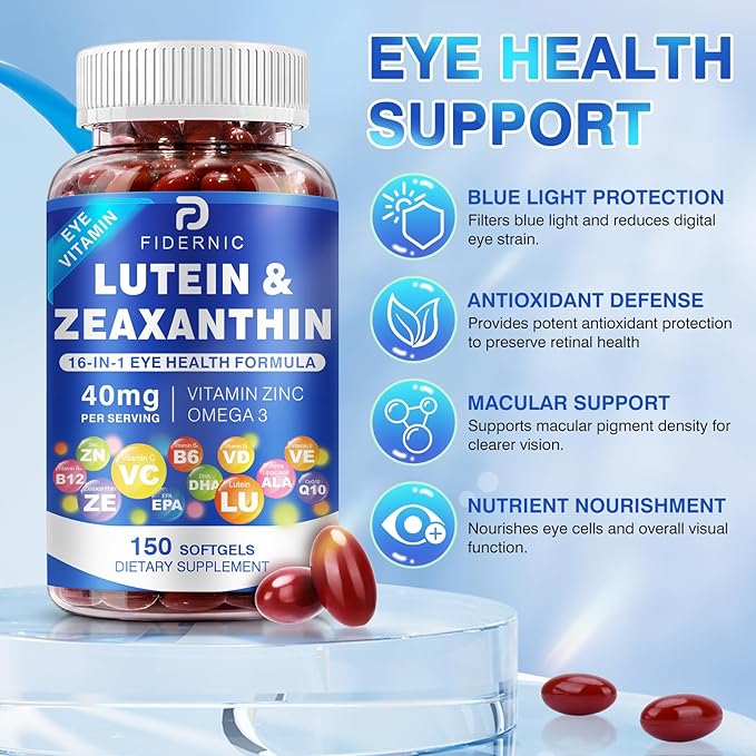 Lutein and Zeaxanthin Supplement - Eye Vitamins, 40 mg Lutein & 8 mg Zeaxanthin with Vitamins C, E, Zinc, Omega-3 & CoQ10 for Blue Light Protection, Eye Health Support, Eyebright  - 150 Softgels