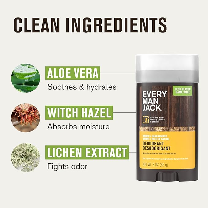 Every Man Jack Men's Deodorant Variety Set - Includes 3 Full-Sized Aluminum Free Natural Deodorant Sticks - Coconut + Driftwood, Citrus + Eucalyptus, Amber+ Sandalwood - 3oz (3 Pack)