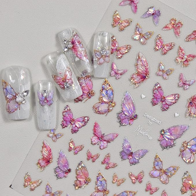 Butterfly Nail Art Stickers Decals Pink Butterfly 5D Embossed Nail Decals Shell Light Butterflies Nail Designs Adhesive Sticker Manicure Accessories for Women Girls DIY Nail Art Decorations Supplies
