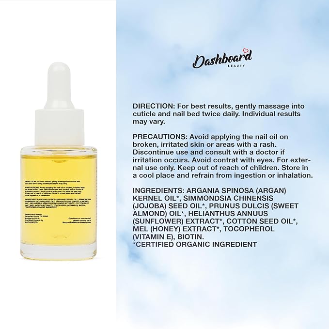Dashboard Beauty Cuticle Nail Oil - Advanced Nail Moisturizer & Premium Nail Strengthener with Jojoba, Vitamin E - Repairs Damaged Nails, Nourishes, Enhances Growth - Salon-Grade, Deep Hydration, 1 oz