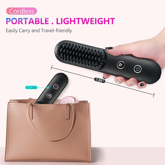 LCD Screen Cordless Hair Straightener Curler 2 in 1, Portable Mini Hair Straightening Brush for Travel Negative Ionic Fast Heating Hot Comb for Women, Folding Brush with Mirror, Black