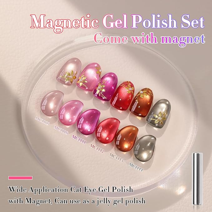 Double Rhythm Cat Eye Gel Nail Polish Set of 6 Same Color Same Bottle 0.5 Oz Shimmer Glitter with Magnet Holographic Reflective Magnetic UV Nail Polish Kit at Home (Glass Brown Red Nude-T6-43)