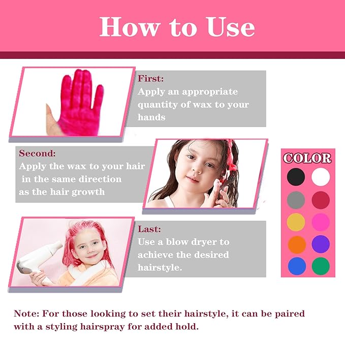 Pink Hair Color Wax, Temporary Hair Color Wax, Temporary Hair Dye for Dark Hair, Washable, Kids, Halloween, Cosplay, Party, Girls