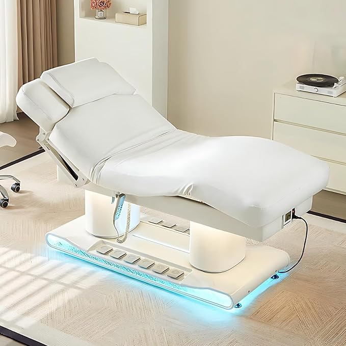 4.0 Electric Massage Table (Multi-Functional Adjustment)(Heating Function)(Foot Control)(Ice-Blue Ambient Light Base), Lash Bed with Modern Ergonomic Design