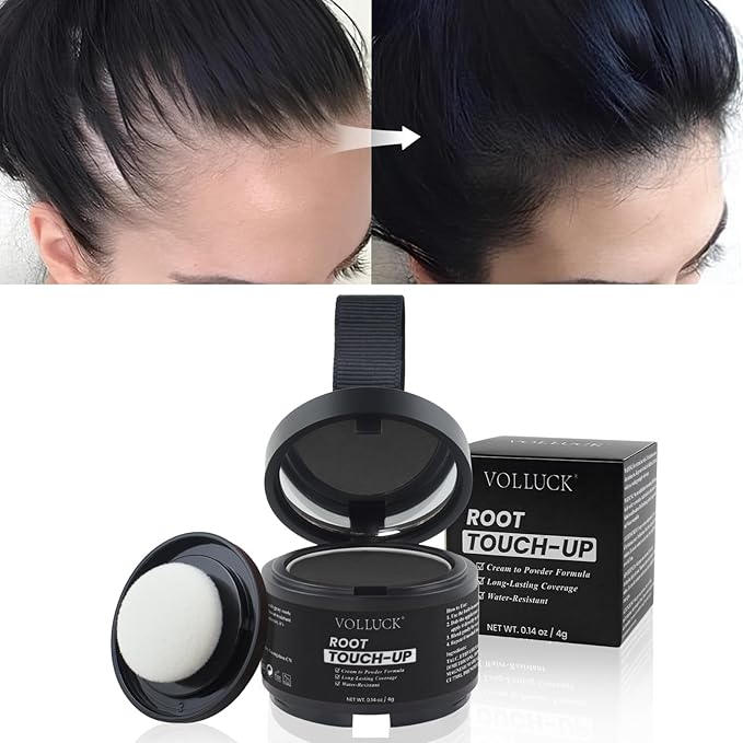 VOLLUCK Hairline Powder Instantly, Root Touch up Powder Hair Color Upgraded, Grey Root Cover up Conceals Hair Loss, Hairline Shadow for Women & Men for Thinning Hair Natural, Sweatproof (Black)