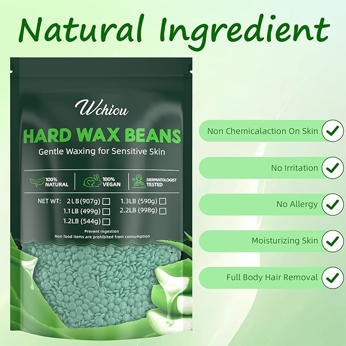 Wax Beads, Hard Wax Beads for Hair Removal, 2lb Waxing Kit for Women, With Pure Aloe Vera for Sensitive Skin, For Face, Eyebrow, Leg, Bikini, Brazilian Waxing, Coarse Body Hair Specific