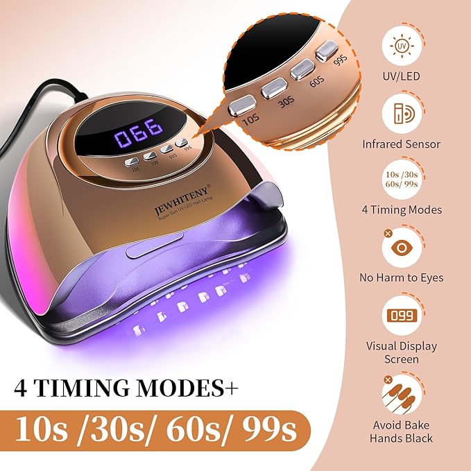 JEWHITENY Golden U V LED Light for Gel Nails:Nail Lamp with 4 Timers & Automatic Sensor Fast Curing Light for Gel Nail Polish Professional Manicure Tool