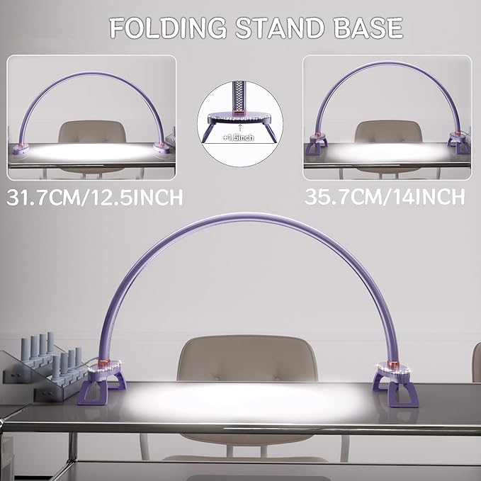 Large Half Moon Light for Nail Desk, Stepless Dimmable Lamp for Nails Table, 3 Color Temperature 24 inch Purple Led Nail tech Desk lamp for Manicure Sculpture Handi Crafts Lighting