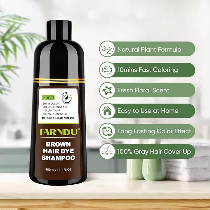 Brown Hair Dye Shampoo for Women Men, Gray Hair Coverage, Natural Herbal Ingredients