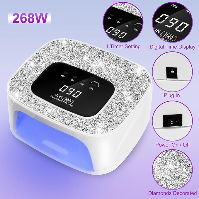 UV LED Nail Lamp Dryers & Gloves 268W Diamond UV Light for Gel Nails Polish,Fast Curing Colored Poly Builder Gel Lamp with Sensor 4 Timer Touch Screen 36 LED,Professional Manicure Pedicure Art Tools