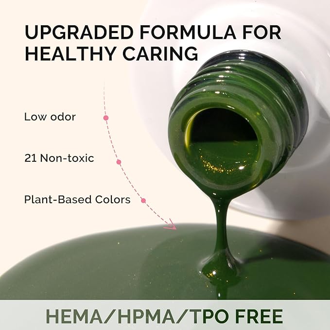 MelodySusie Fleurwee Plant Based Gel Nail Polish, Hema Free Glitter Dark Green Nail Polish Soak Off UV LED Gel Polish Gift for Women 21 Non Toxic Long Lasting Nail Art Manicure Salon DIY at Home P52