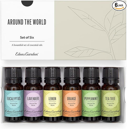 Edens Garden Essential Oils Around The World 6 Set – 100% Pure Therapeutic Grade Aromatherapy: Eucalyptus, Lavender, Lemon, Orange, Peppermint & Tea Tree for Home Diffusers – Undiluted, 10 ml/ 6 Pack